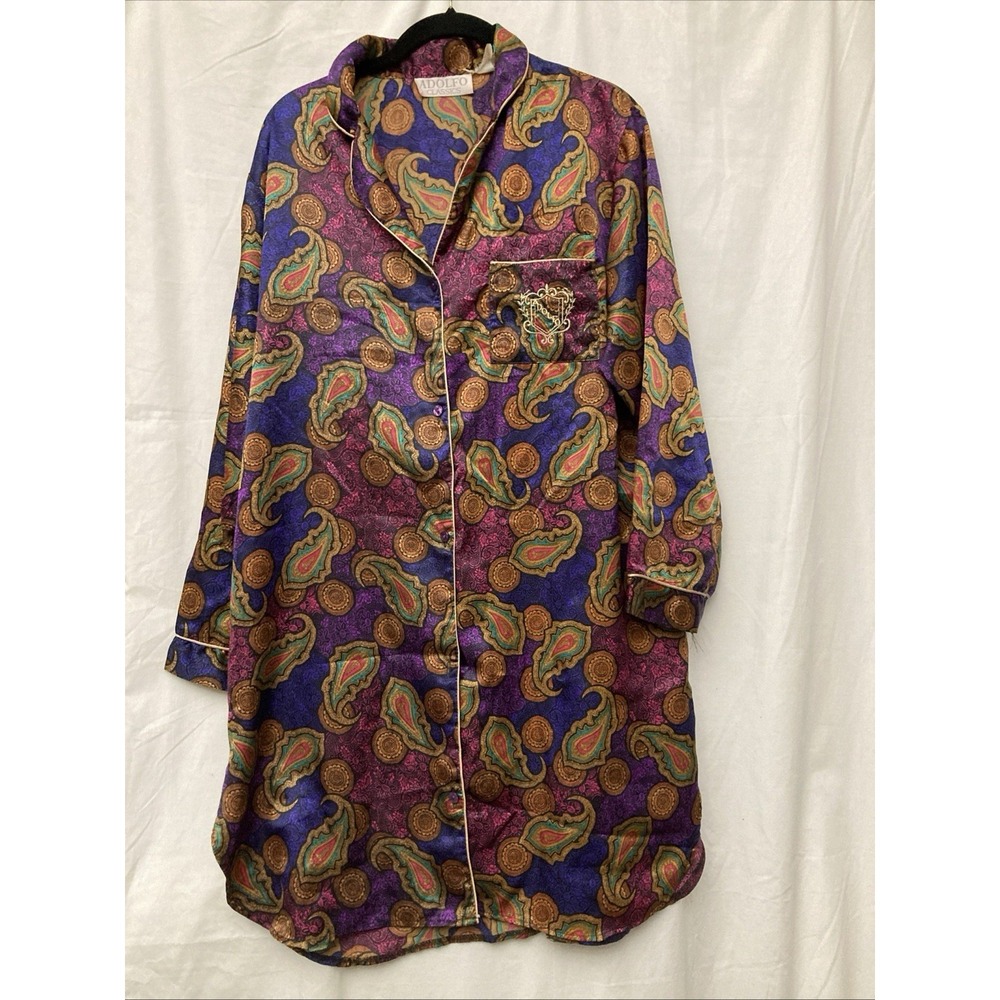 VTG Adolfo Classics Women's Purple‎ Paisley Metallic Pocketed Night Shirt - SZ L